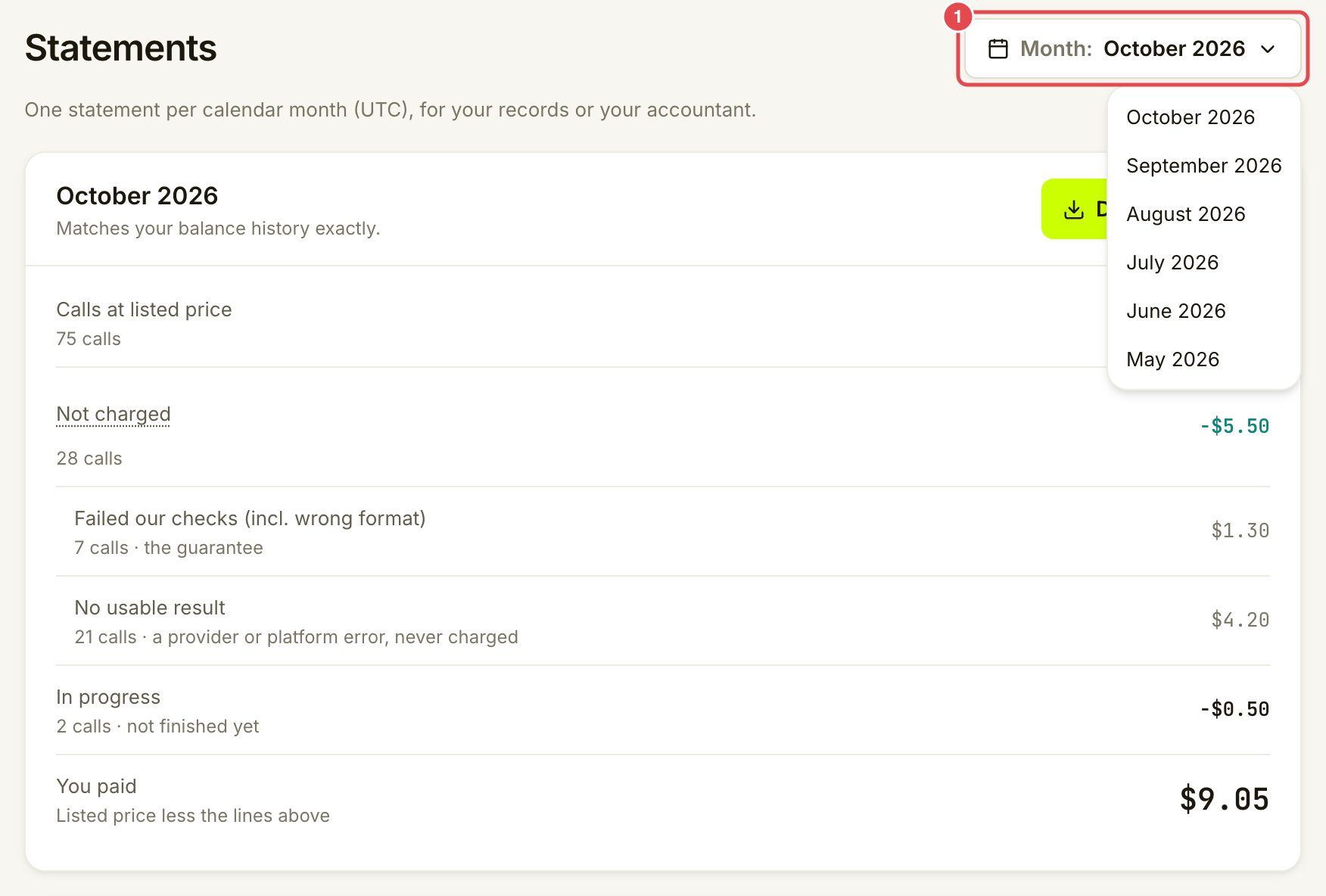 Monthly statement with the month picker open and all six months visible