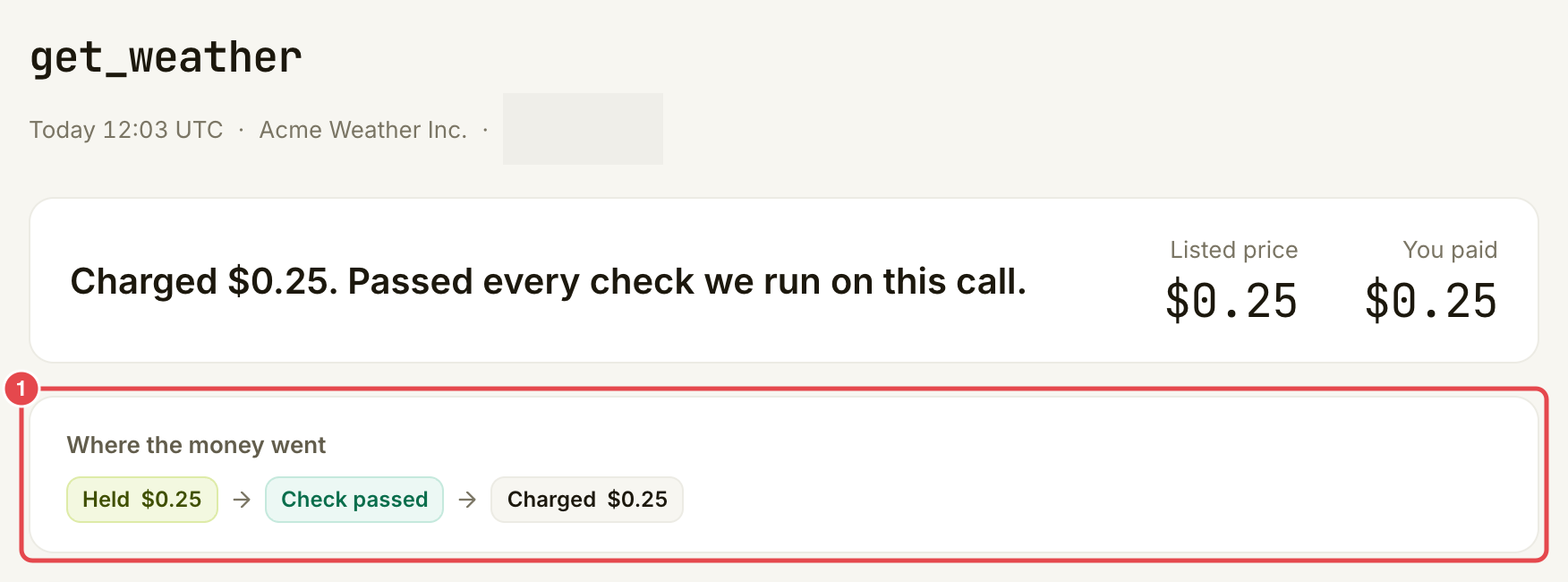 Receipt showing the charge and complete money flow, with call reference blurred