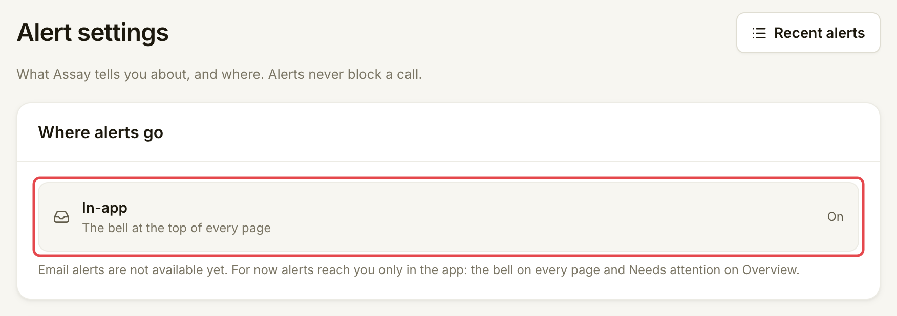 Alert settings showing the complete Where alerts go card with In-app On