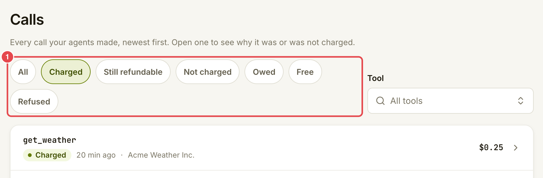 Calls page showing filters and a charged weather call