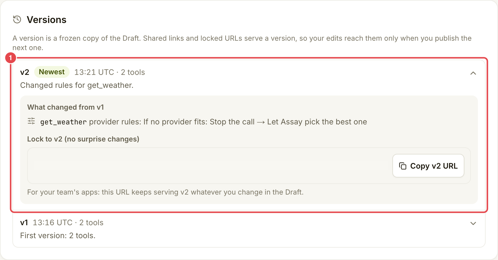 Expanded version showing the provider-rule change from v1 and Copy v2 URL