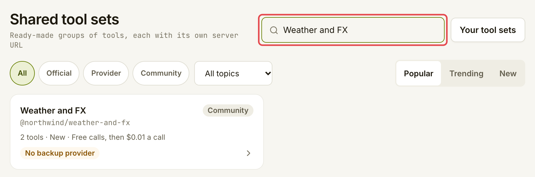 Tool set search filtered to Weather and FX by northwind