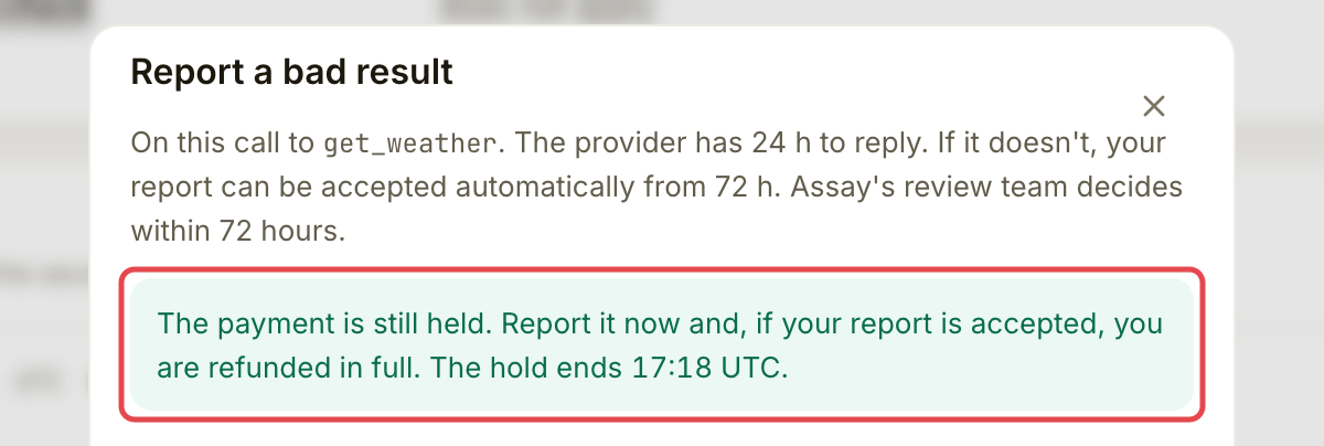 Report drawer showing Refundable until and the full-refund promise for an accepted report