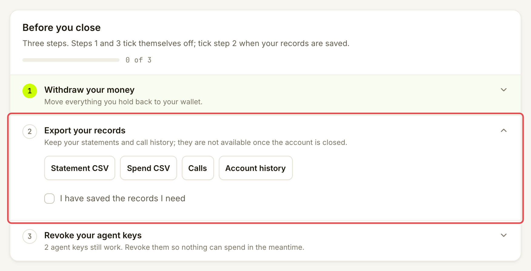 Export your records checklist item with statement export and records acknowledgement marked