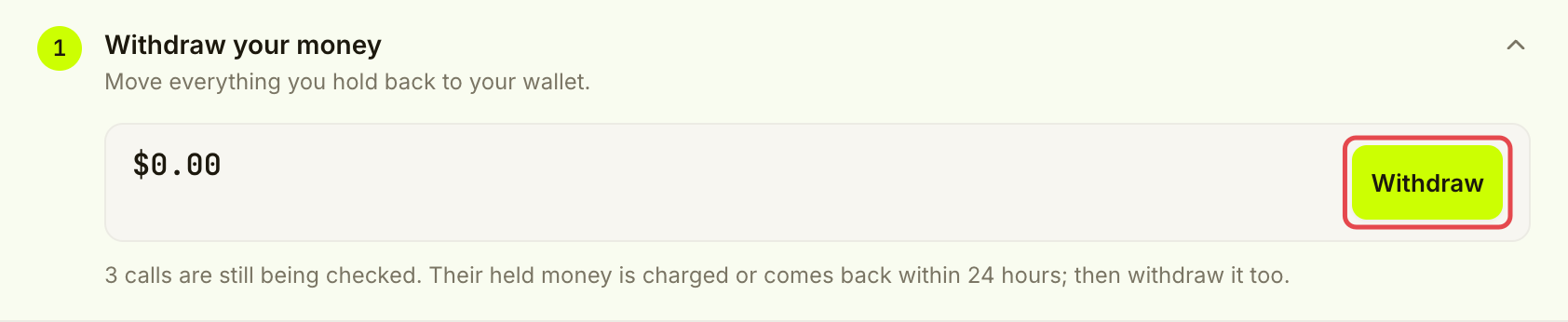 Withdrawal checklist item showing calls still being checked and the Withdraw link