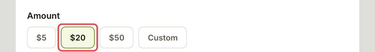 Deposit amount controls with twenty dollars selected
