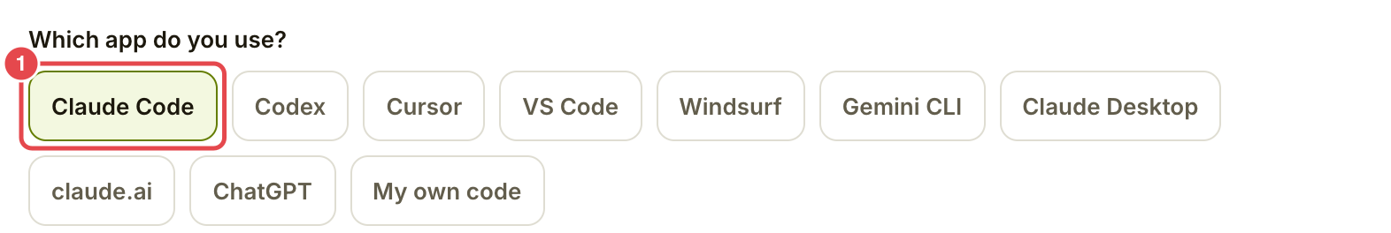 Which app do you use picker with Claude Code selected and marked