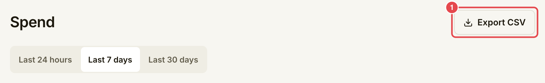 Spend header with Export CSV marked and the selected period visible