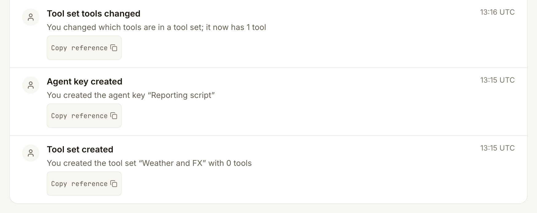 Account history showing tool set versions, the Reporting script agent key and tool set creation