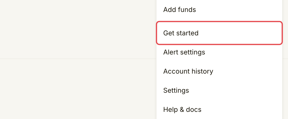 Account menu with Get started marked