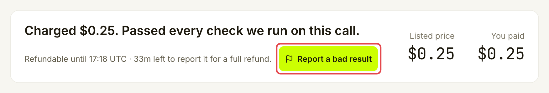 Receipt showing Refundable until and Report a bad result marked