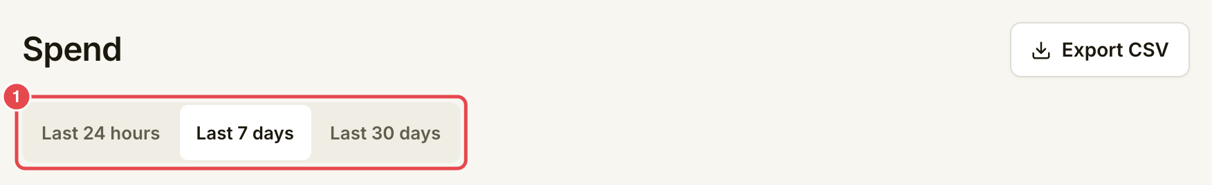 Spend header with the period selector marked