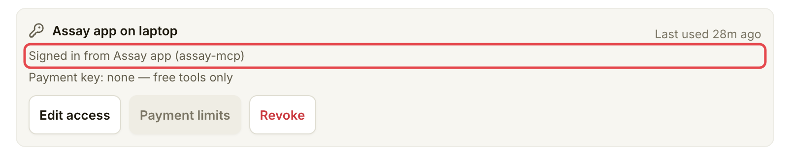 Connected app row showing Signed in from and no payment key
